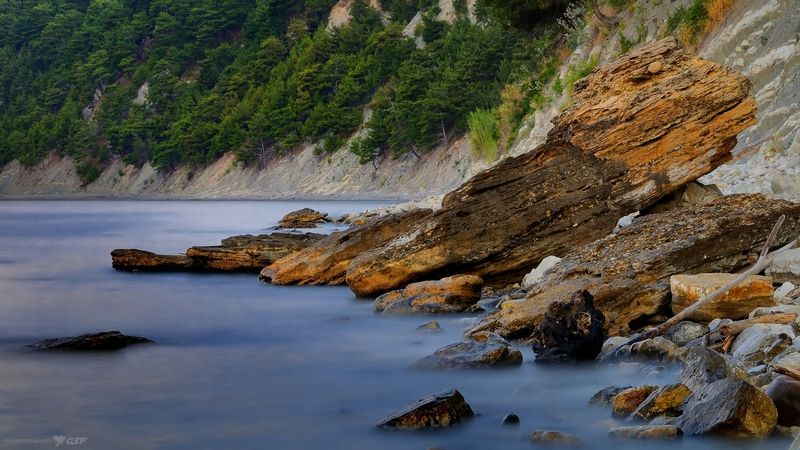 природа пейзаж лето вечер скалы камни лес море Вечернее...photo preview