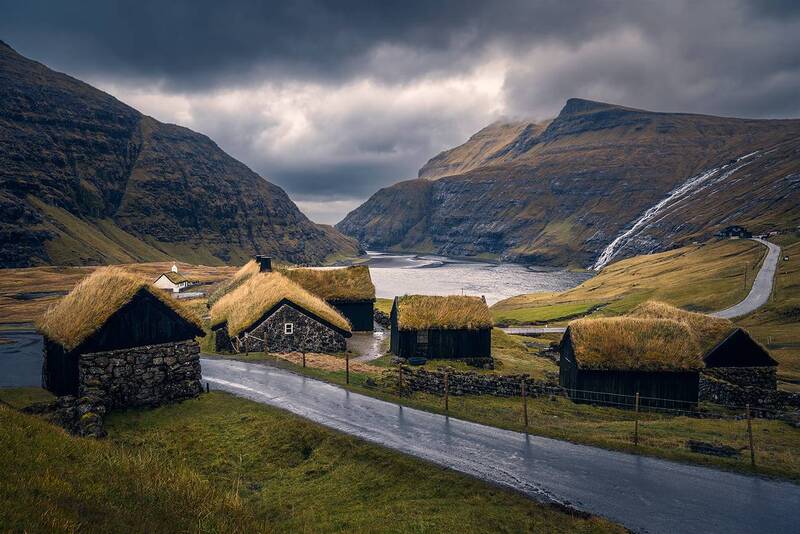 landscape, nature, scenery, sunrise, sea, rocks, island, houses, village, пейзаж, faroe In Saksun, Faroe islandphoto preview
