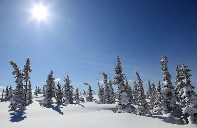 зима, шерегеш в лучах под солнцем снег лежитphoto preview