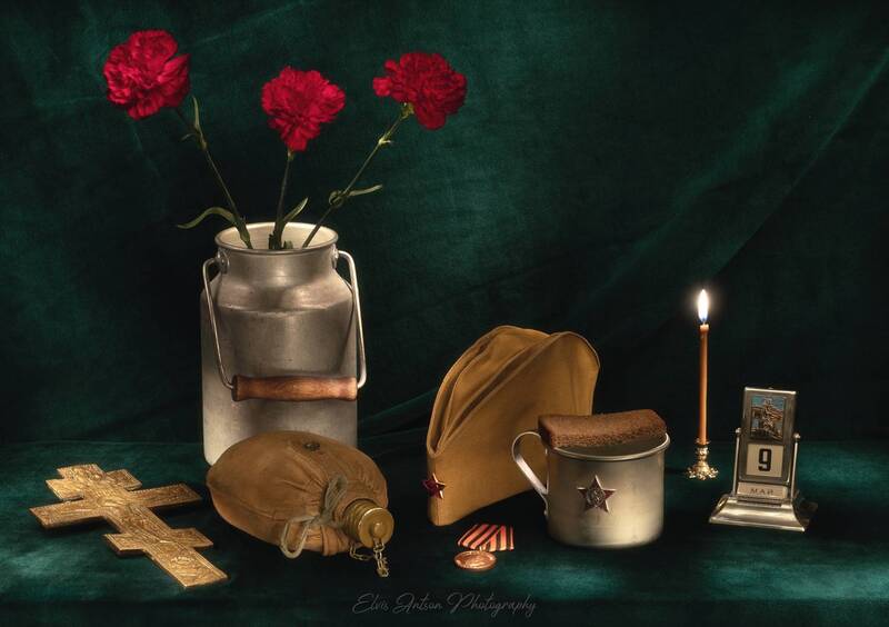 still life, натюрморт, 9 мая, день победы, великая отечественная война, elvisantson, вов, военный натюрморт, пилотка, медаль, фляжка, календарь, свеча, православный крест С наступающим Днём Победы! Всем крепкого здоровья!photo preview