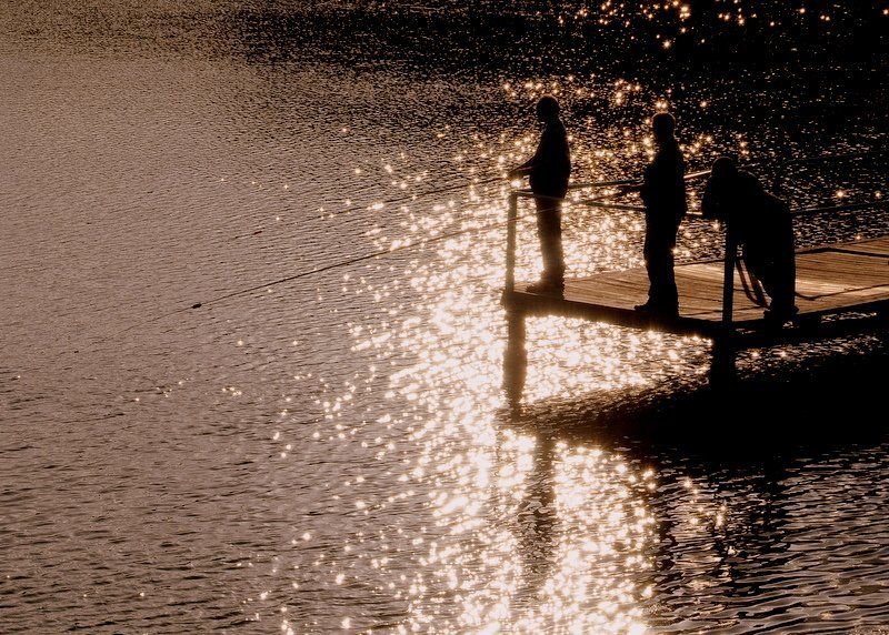 силуэт, рыбаки, озеро, блики Ловцы солнцаphoto preview