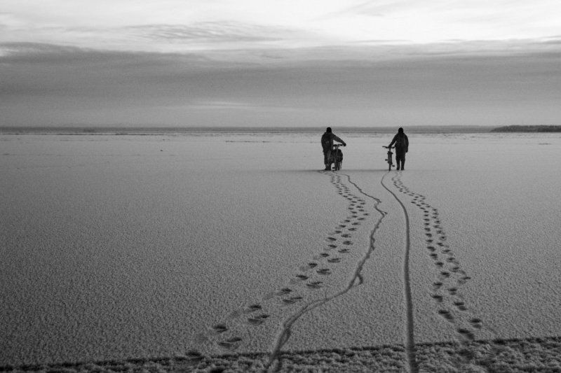 ладога, снег, лед, озеро, зима, следы, велосипед Двоеphoto preview