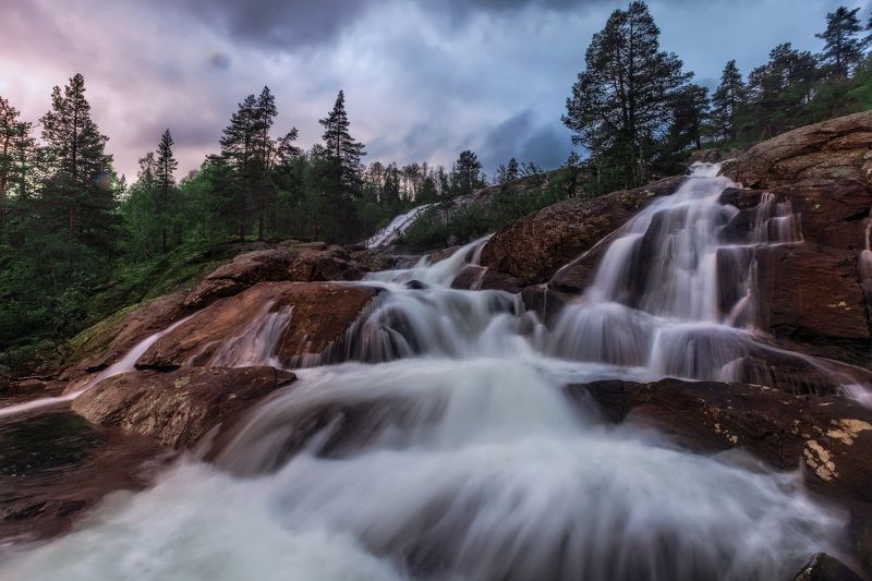 вечер, водопад, горы, камни, небо, облака, длительная, экспозиция Вечерний водопад.photo preview