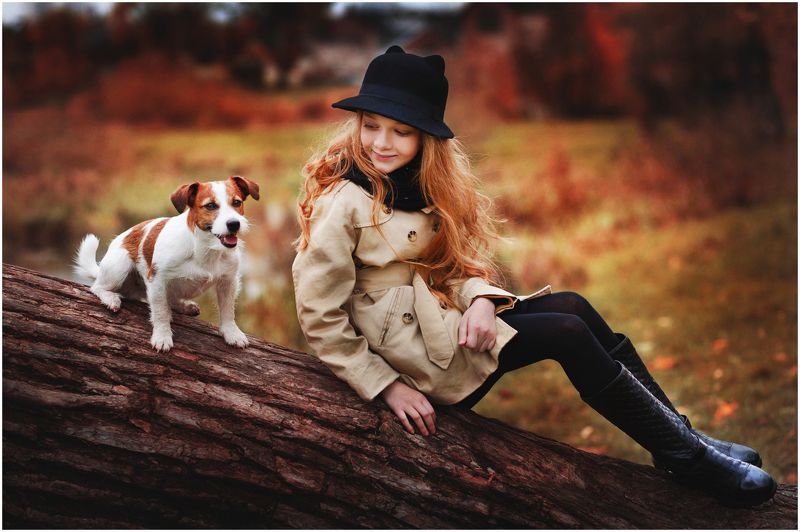 осень детии собака девочка Рыжее счастьеphoto preview