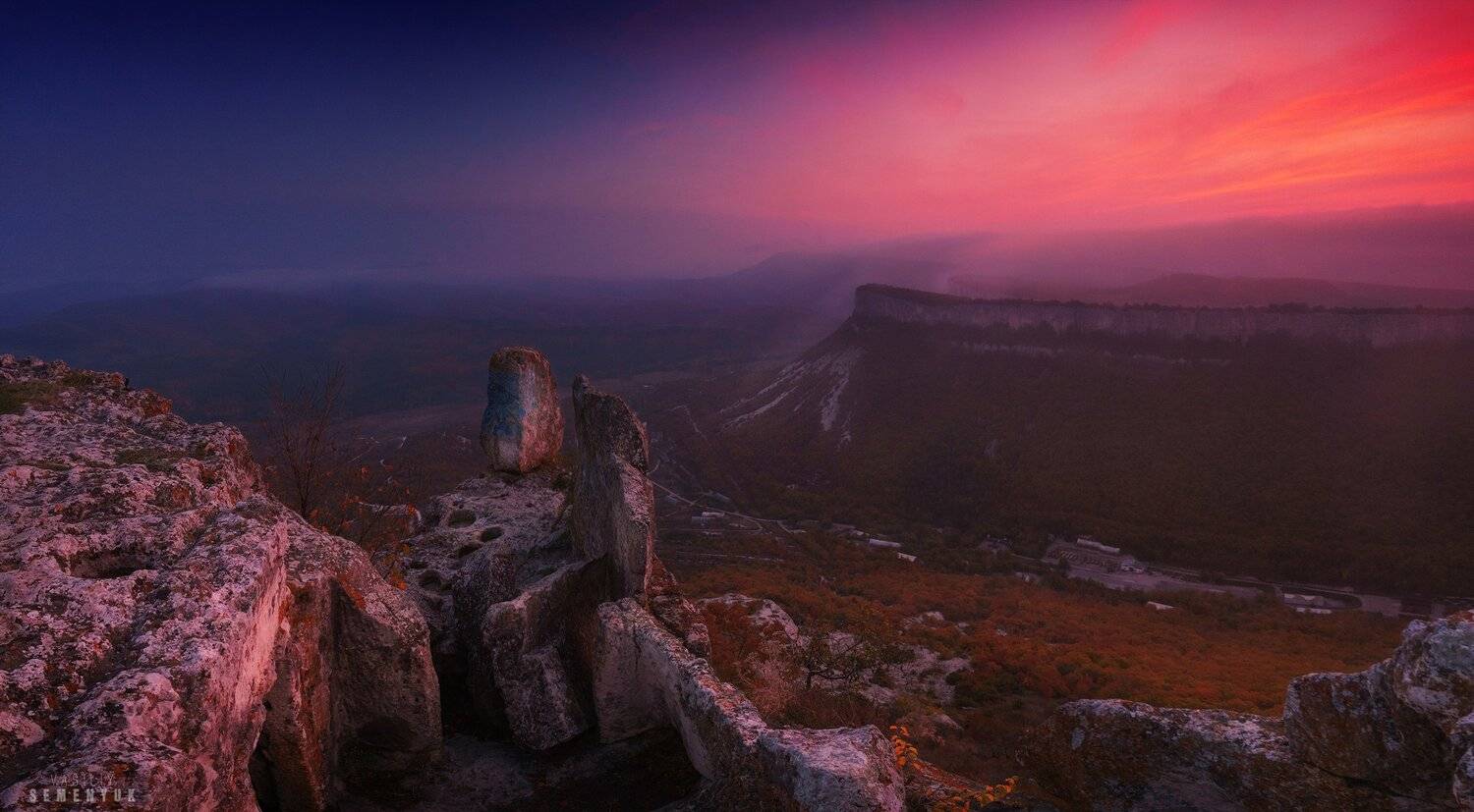 крым, тепе-кермен, \"пещерный\" город, закат, мгла, скалы, горы, панорама., Семенюк Василий