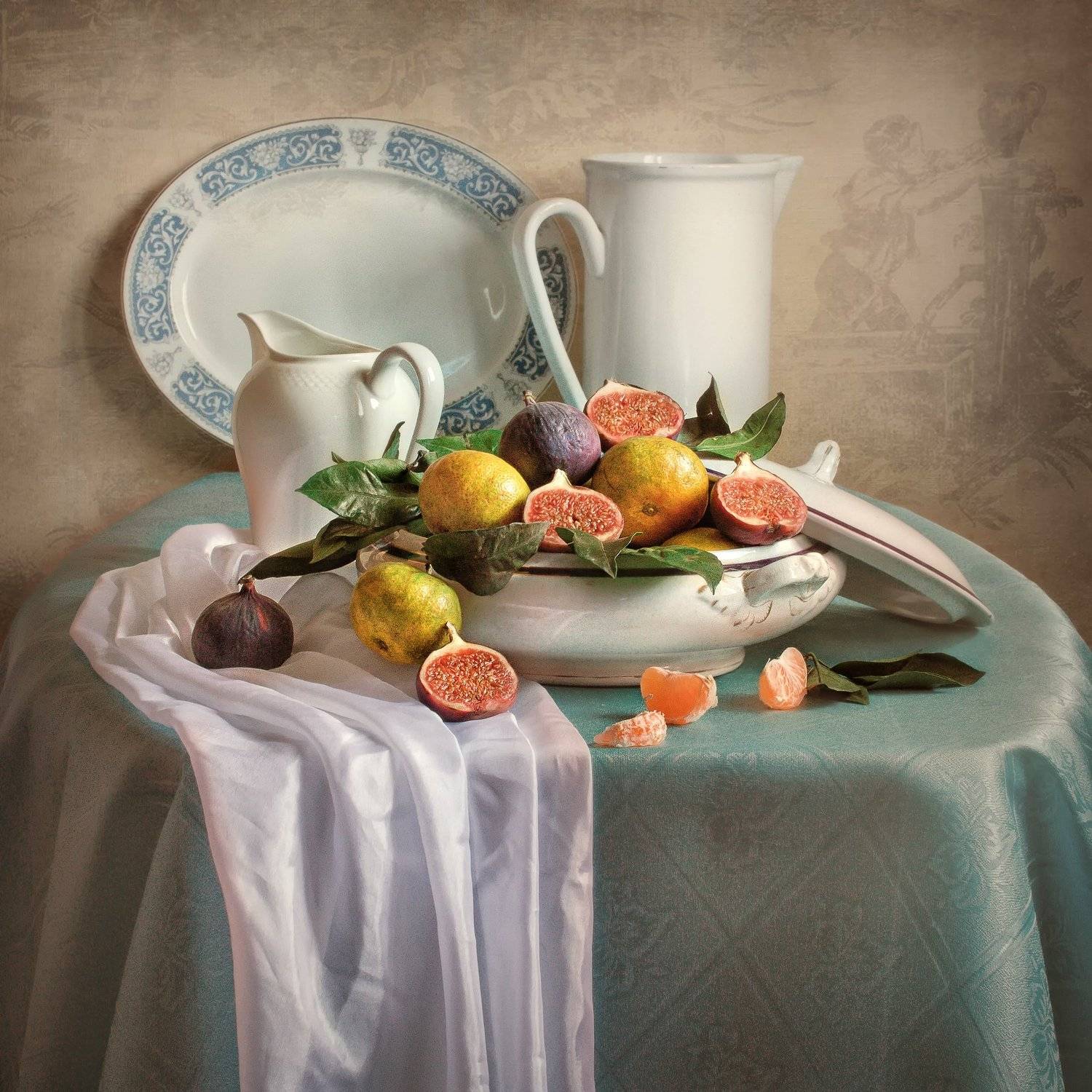 натюрморт, фарфор, фрукты, мандарины, инжир, Анна Петина