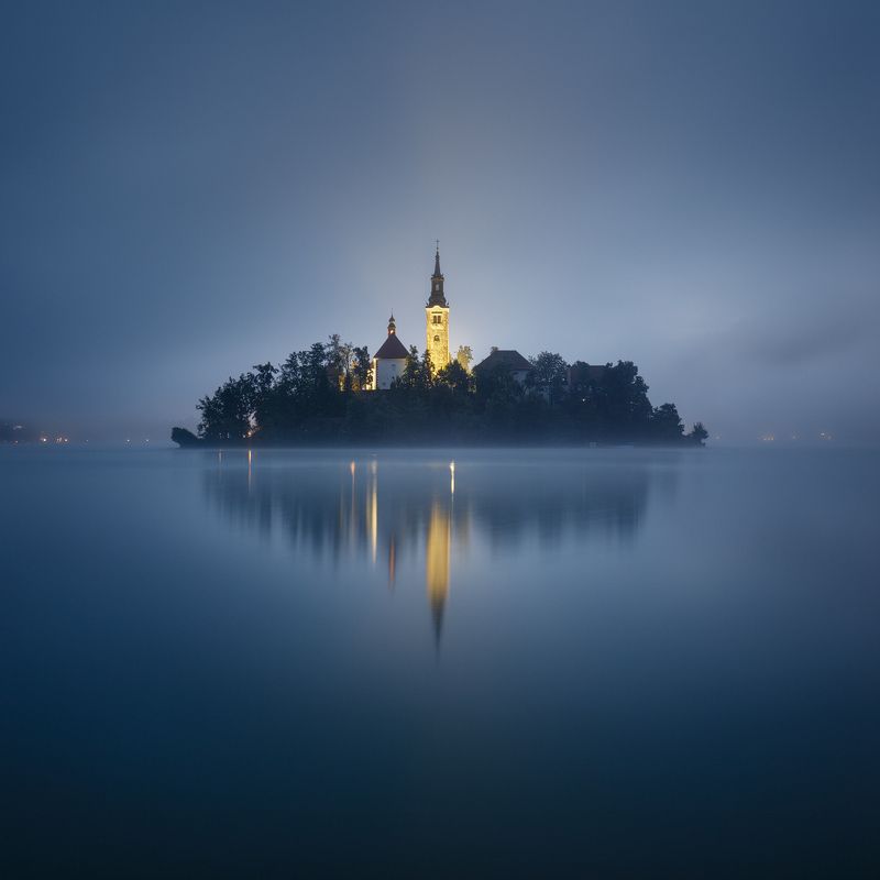 island, bled, lake, slovenia, square, reflection, mirroring, fog, mist, morning, europe, church, tower, mood Mysterious Islandphoto preview
