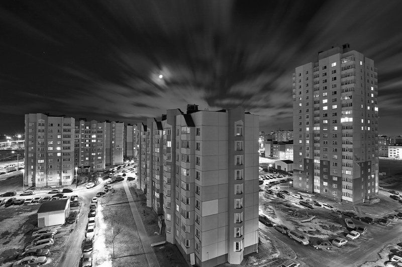 ночь, ч/б, зима, луна, звёзды Ночные огниphoto preview