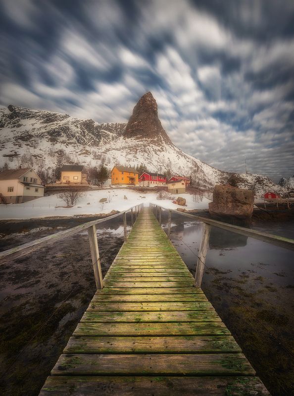 long exposure, clouds, Reine, Lofoten, Norway, fjord, village, bridge, sea, water, mountains, Bridgephoto preview