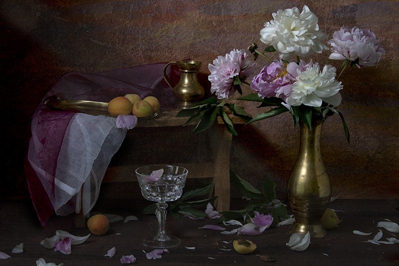 лепестки, посуда, натюрморт, свет, ваза, абрикосы, рюмка, лето, пионы Опадающие пионыphoto preview