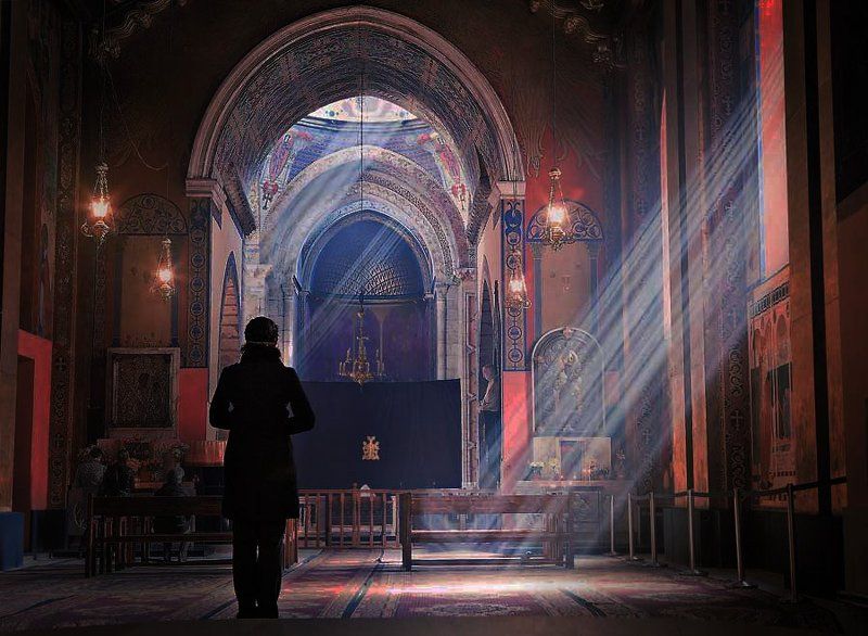 церковь, лучи, лучь, девушка, свет photo preview