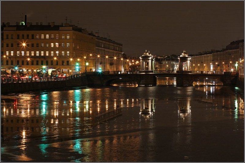 город, петербург, река, лед, вода, мост, дом, здание, свет, ночь, освещение, машина, светофор, dyadyavasya Первый лёд на Фонтанкеphoto preview