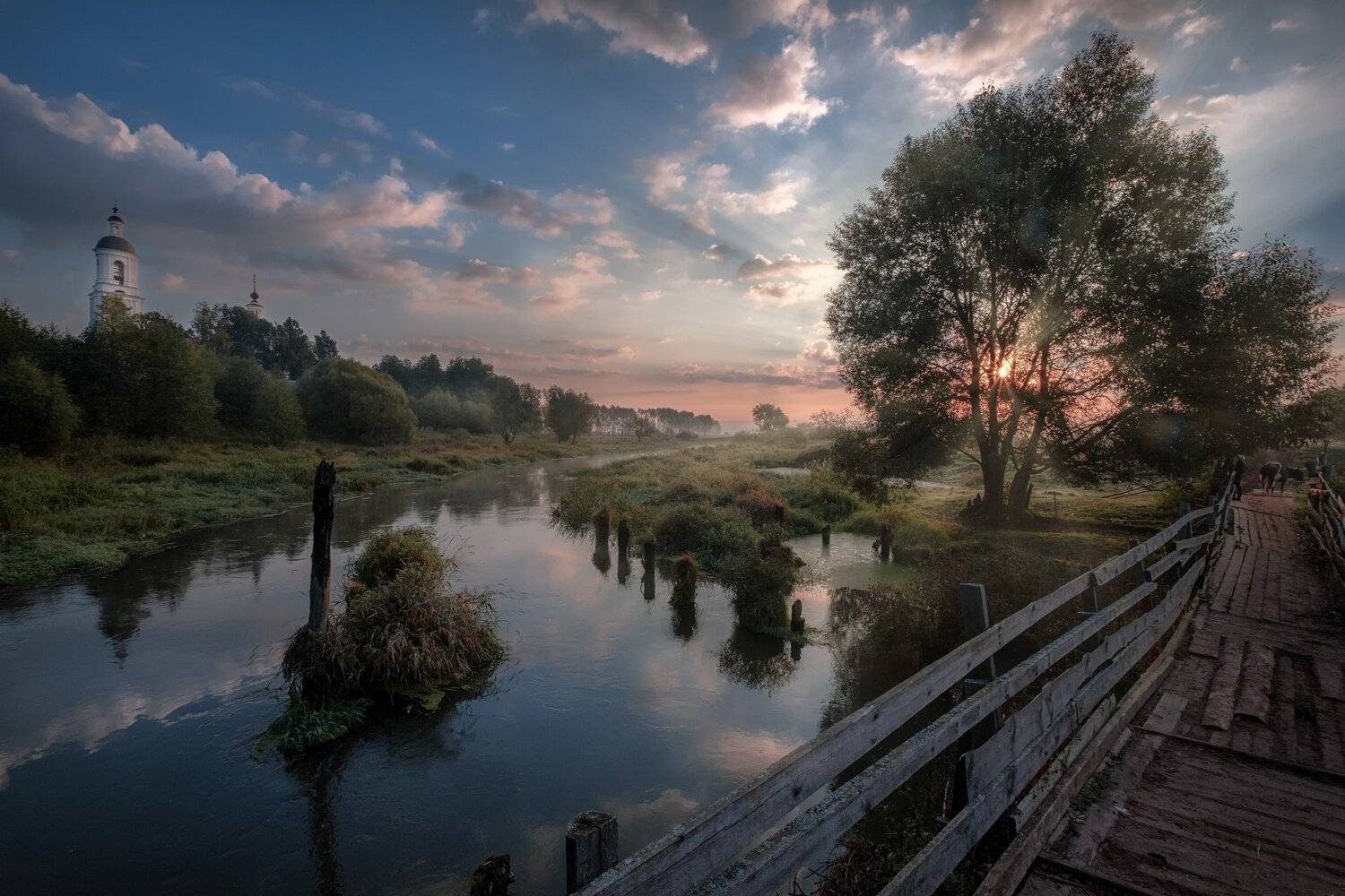пейзаж, филипповское, рассвет, мост, церковь, храм, река, шерна, поле, туман, Андрей Чиж