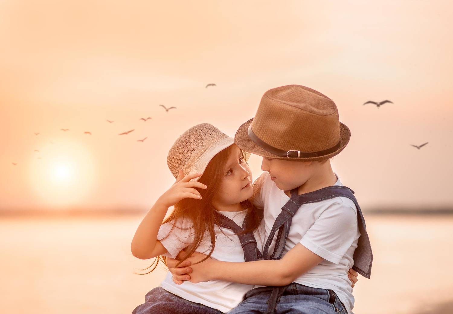 дети, чайки, закат, шляпа, море, Юлия Ткаченко