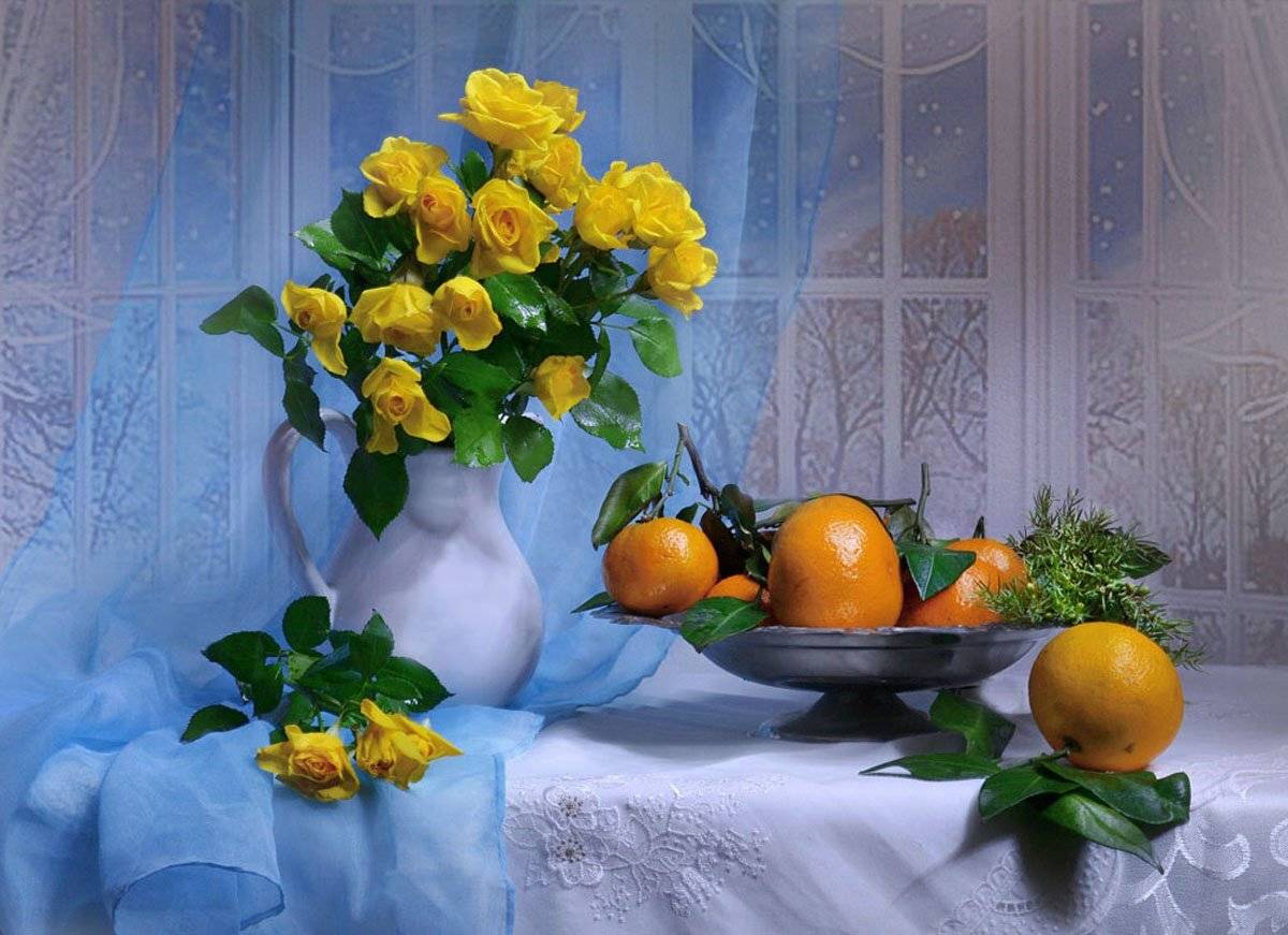 still life,натюрморт,фото натюрморт, зима, декабрь, розы, цветы, мандарины,, Колова Валентина