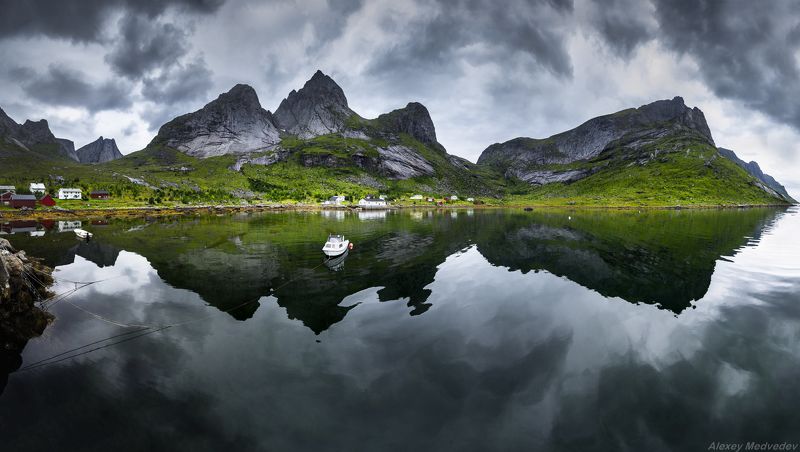 lofoten, summer, norway, cold, fjord, dark, rocks, mountains, lake, green,  Kirkefjordphoto preview
