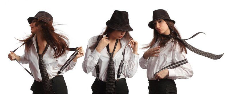 настя, девушка, шляпа, галстук, подтяжки, студия Три девицыphoto preview