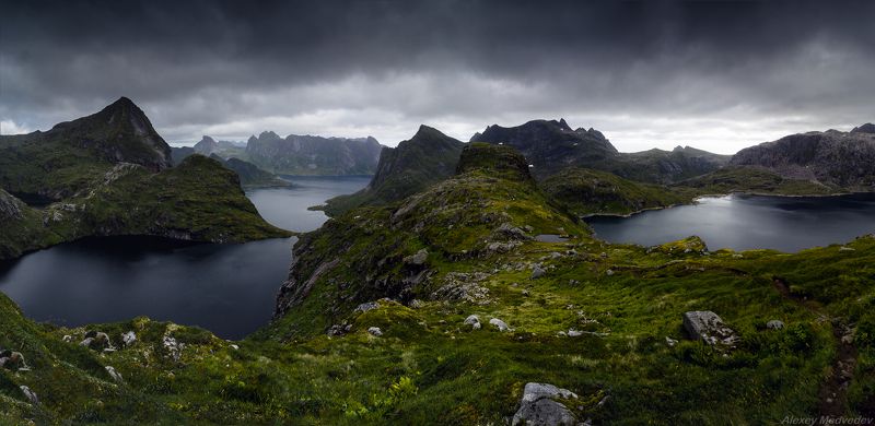 lofoten, summer, norway, cold, fjord, dark, rocks, mountains, lake, green, норвегия, север, фьорды, горы, north, лофотены, monkebu, moskenes, moskenesøya Виды острова Москенесёйphoto preview