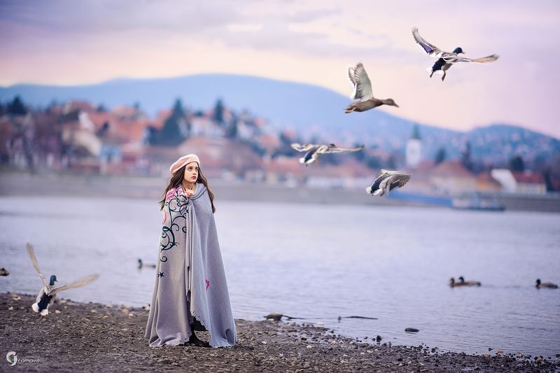 Девочка, плед, утки, озеро, городок, Венгрия Вечер в Сентендреphoto preview