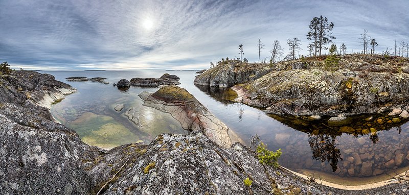ладога, ладожское озеро, озеро ладога панорама        пейзаж, летний пейзаж, дикая природа, закат, восход, солнце, облака, небо, озеро, лесное озеро, сосны, скалы, камни, республика карелия, россия, ладожские шхеры, остров, острова, горизонт Гостеприимный берег. Ладога.photo preview