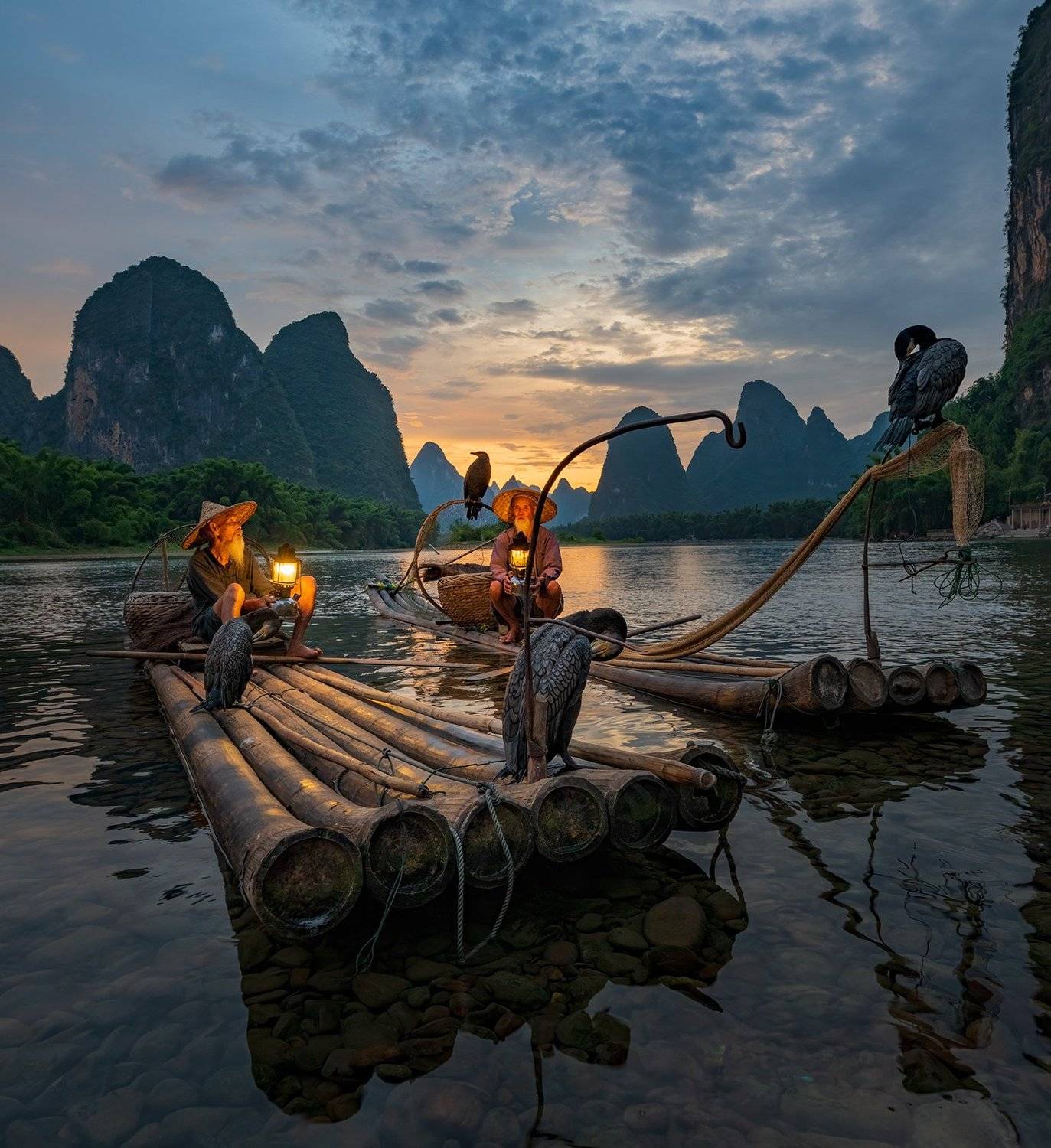 китай, старик, рыбак, баклан, бакланы, горы, закат, Emelyanov Alex