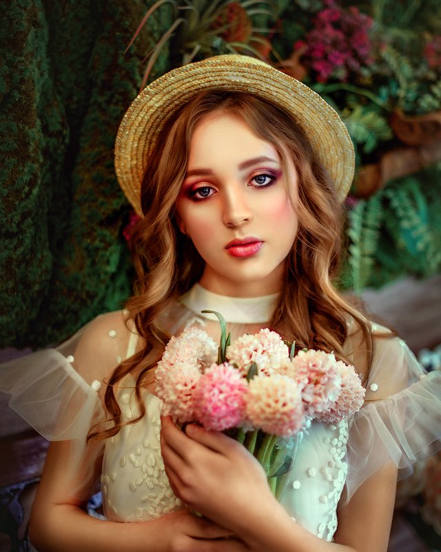 портрет, девушка, шляпка, лето, цветы, красная помада, portrait, face, girl, woman, summer, flowers, yellow, red photo preview