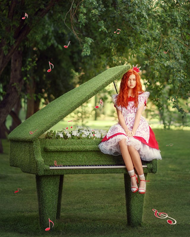 девушка, рыжеволосая, красный, лето, сказка, рояль, портрет, portrait, piano, outdoor, redhair, redhead, red dress, summer photo preview