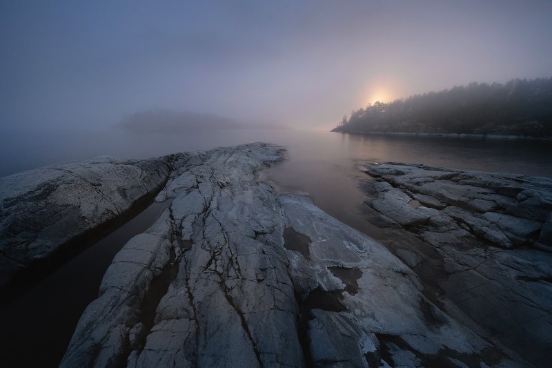 Карелия, Ладожское озеро, шхеры, ночное фото, луна \