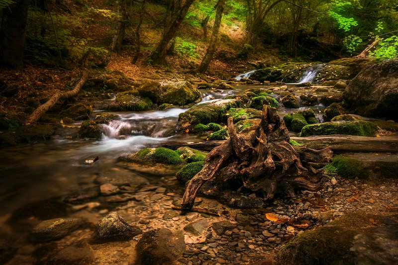 крым, водопад, лес, река, пейзаж, лето, вода, деревья, россия,  хапхал, ущелье, улу-узень Slow Riverphoto preview