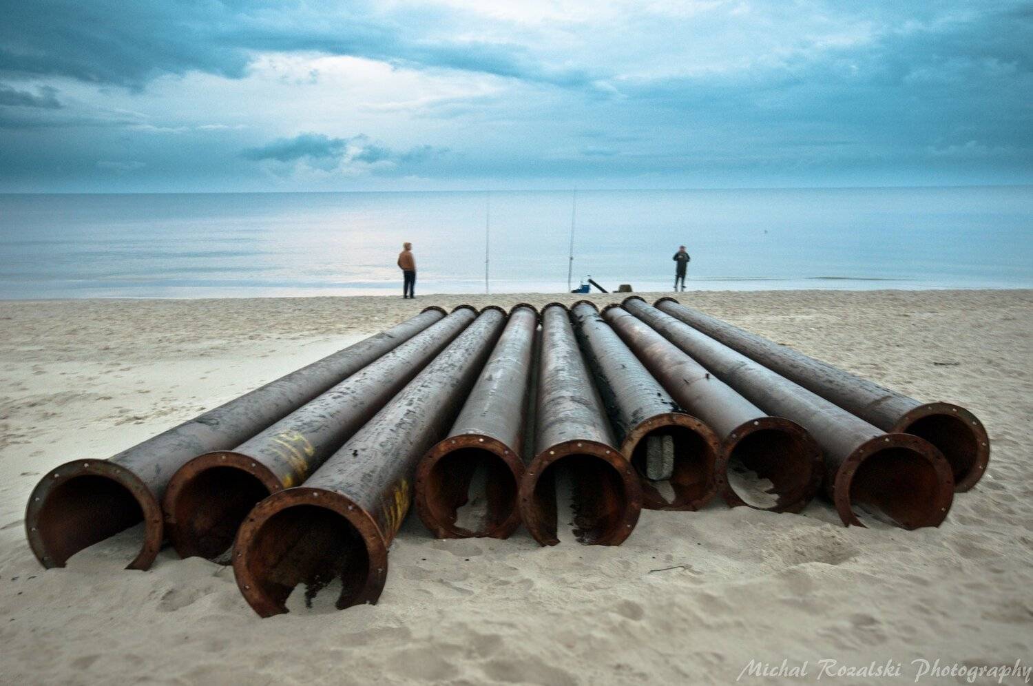 beach, ,seaside, , pipes, ,summer, ,sky, , clouds, ,sea, ,blue, ,people, ,fishermans, ,, Michal Rozalski