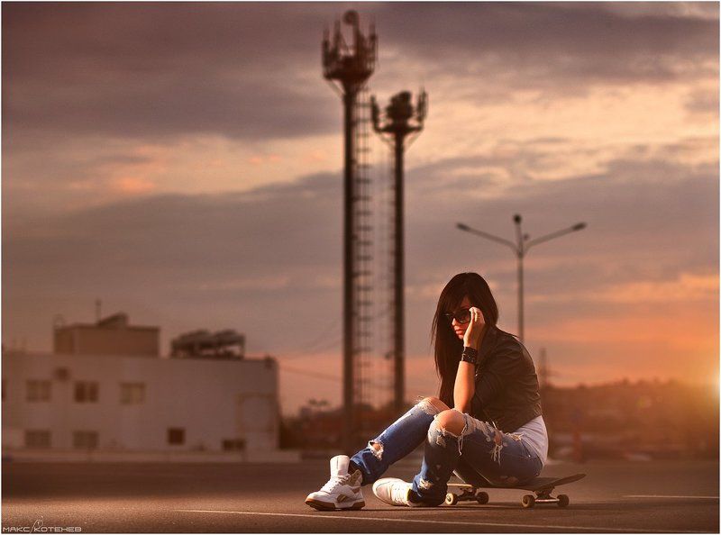 девушка, скейт, вечер, закат ***photo preview