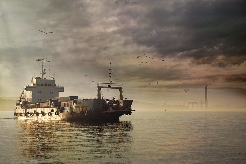 японское, , , море, , , корабль, закат Cargophoto preview