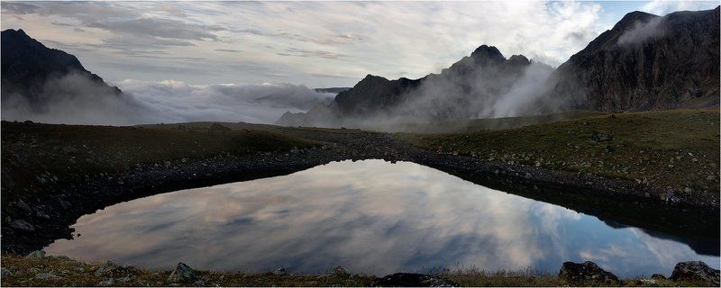 архыз, горы, озеро, вечер, облака, небо, отражение Отражениеphoto preview