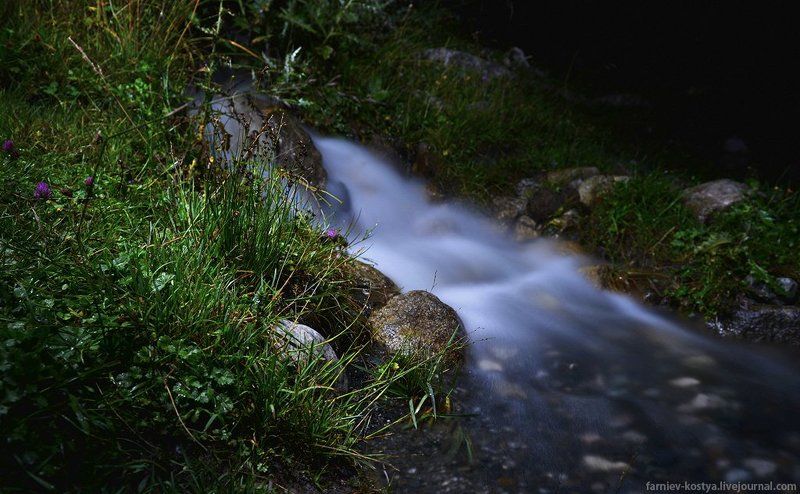 ручей, ночная съёмка, пейзаж, длинная выдержка, горный ручейphoto preview