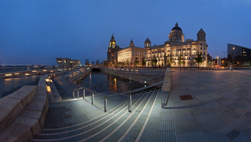uk, liverpool, pier head, royal liver building, cunard building, port of liverpool building, blue hour ливерпуль, англия Liverpool: Pier Headphoto preview