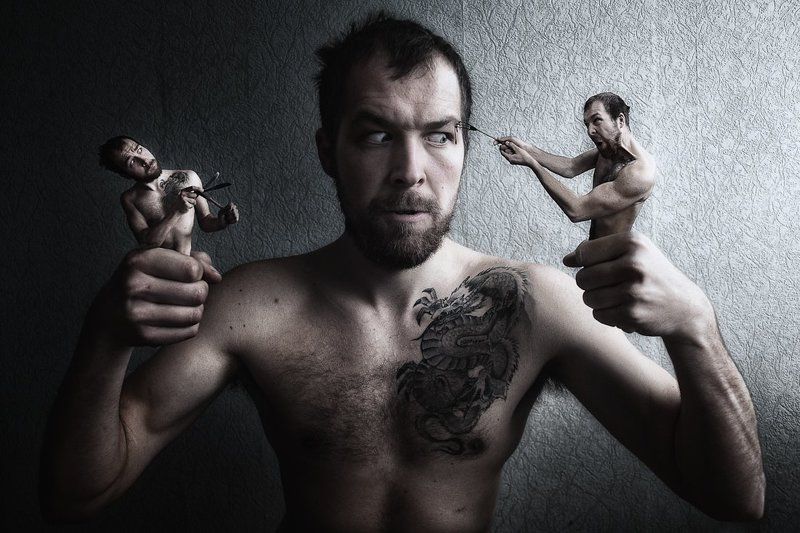 portrait, man, small people, human, fork, creative edit, fotomontage, In spite of himselfphoto preview