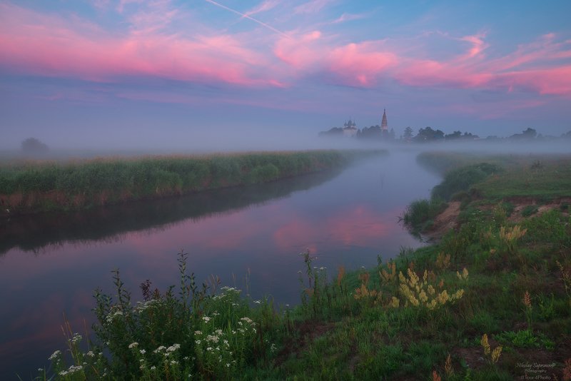 уводь, владимирская область, пейзажи россии, туман, рассвет, реки, река, рассвет, храмы \