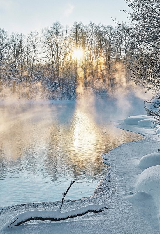 зимнее озеро, голубое озеро, зимний пейзаж, зима, закат, ранний закат зимой, солнечный свет, туман над рекой photo preview